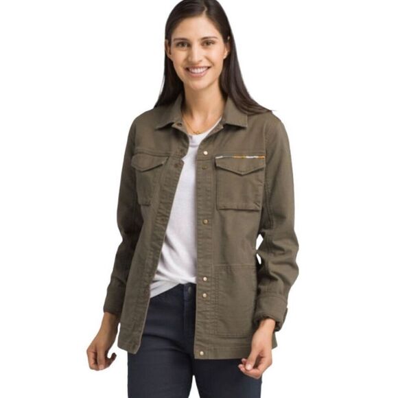 Prana Womens Button Front Cotton Blend Canvas Pennington‎ Jacket Clay Gray Small - Picture 1 of 11